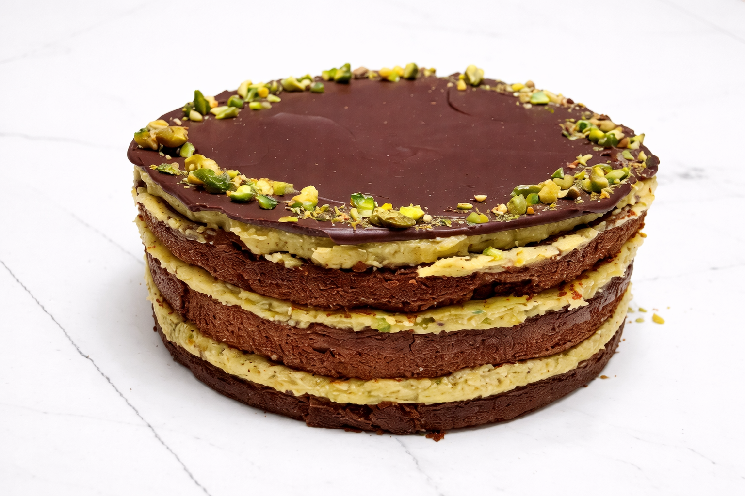 Capas de bizcocho de chocolate sin harina, rellenas de crema de pistacho y cubiertas con ganache de chocolate. Sin gluten